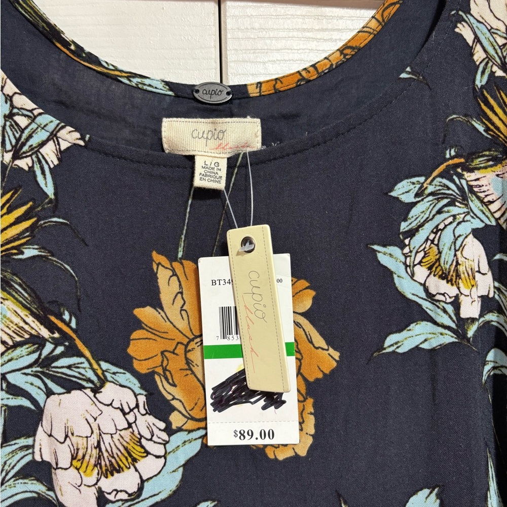 Cupio Navy Floral Scoop Neck Dress with Clod Shoulders and POCKETS! - Picture 5 of 6